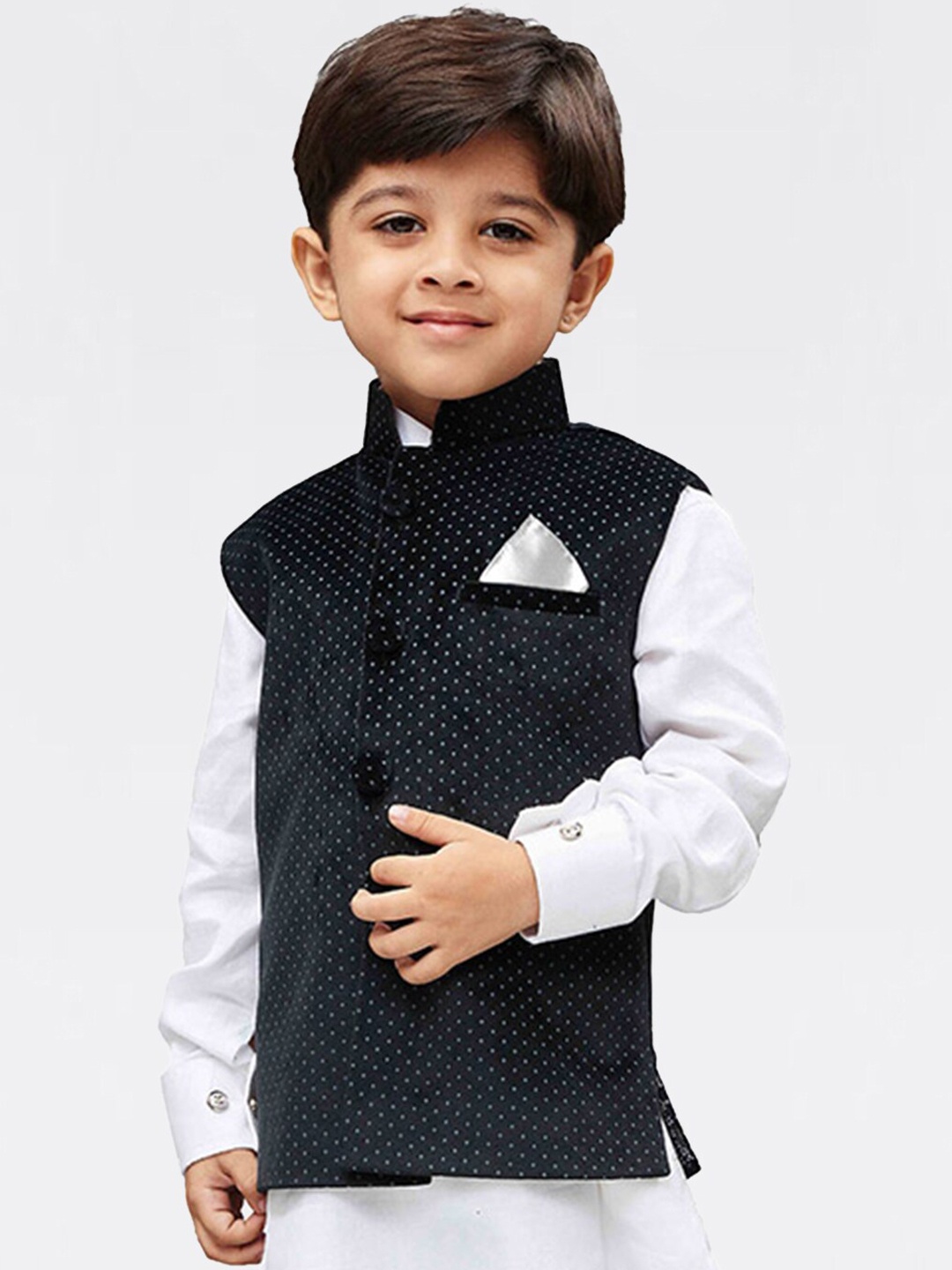 

VASTRAMAY Boys Black & Grey Printed Slim-Fit Velvet Nehru Jacket