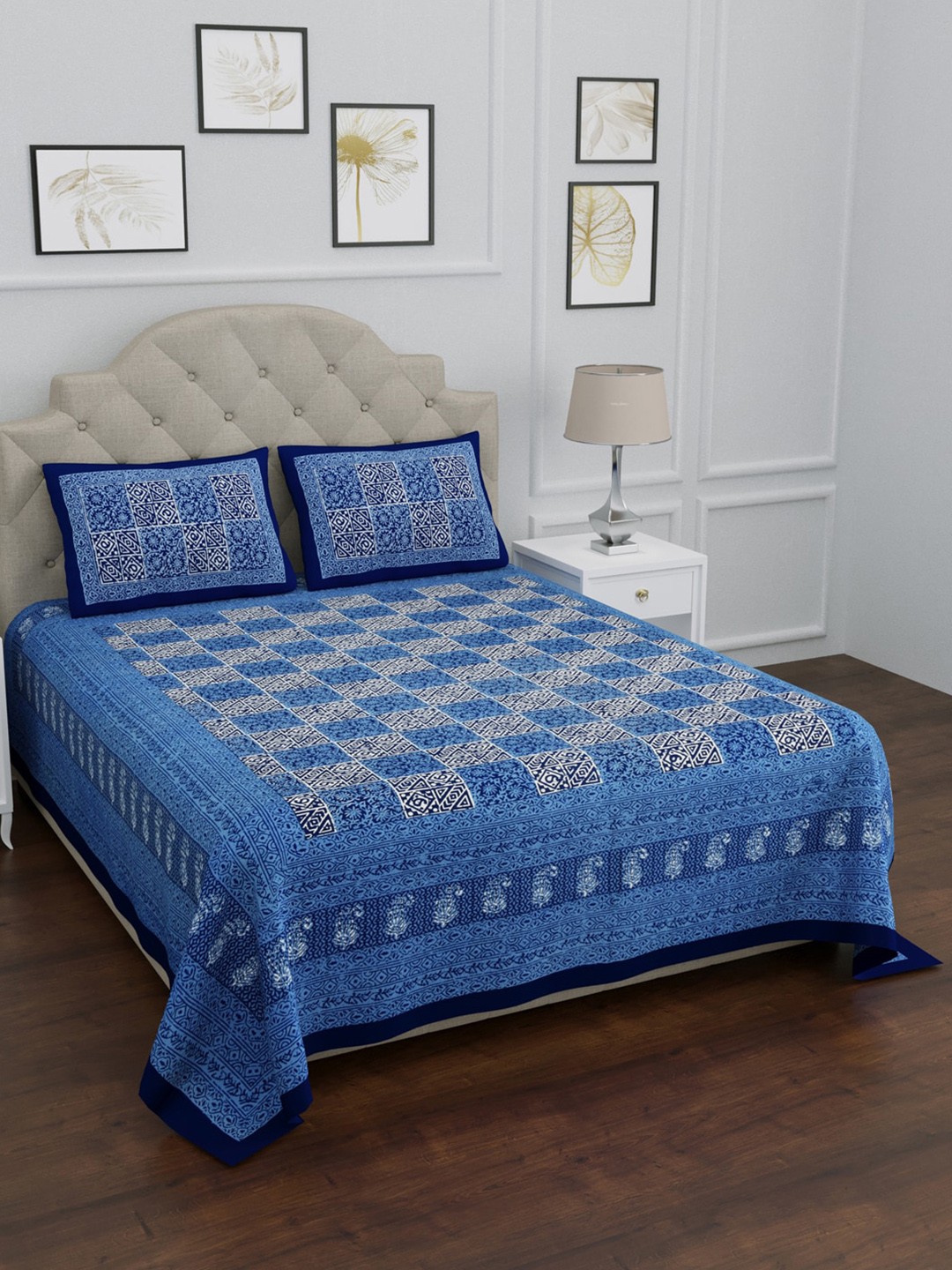 

LIVING ROOTS Blue & Grey Geometric 144 TC King Bedsheet with 2 Pillow Covers