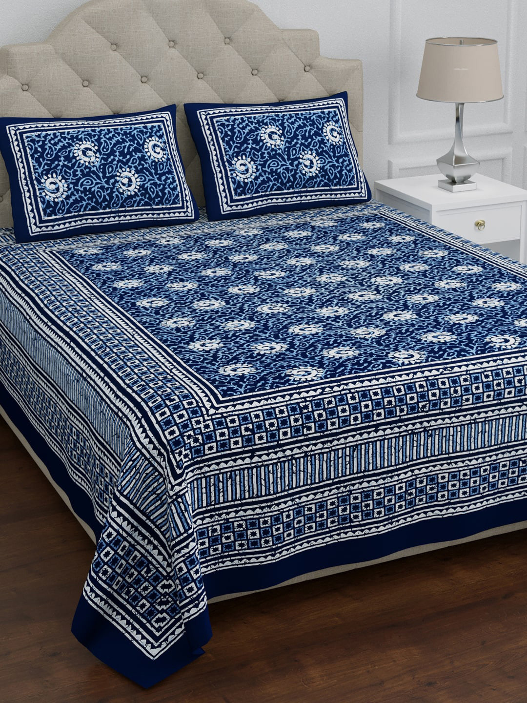 

LIVING ROOTS Blue & Off White Ethnic Motifs 144 TC King Bedsheet with 2 Pillow Covers