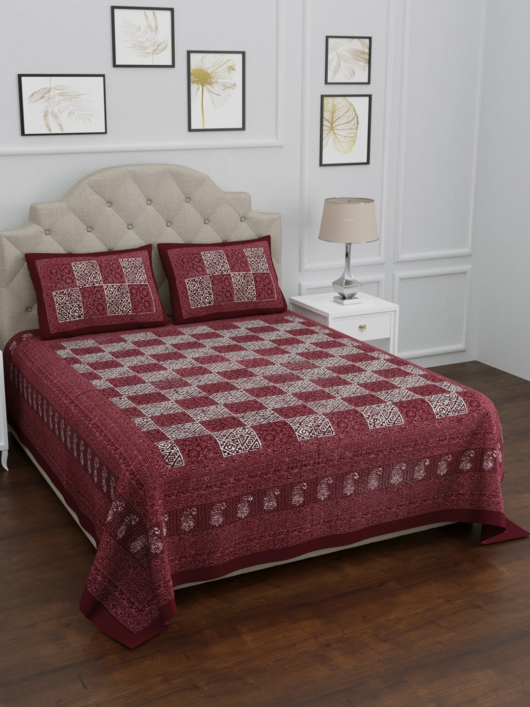 

LIVING ROOTS Maroon & White Geometric 144 TC King Bedsheet with 2 Pillow Covers