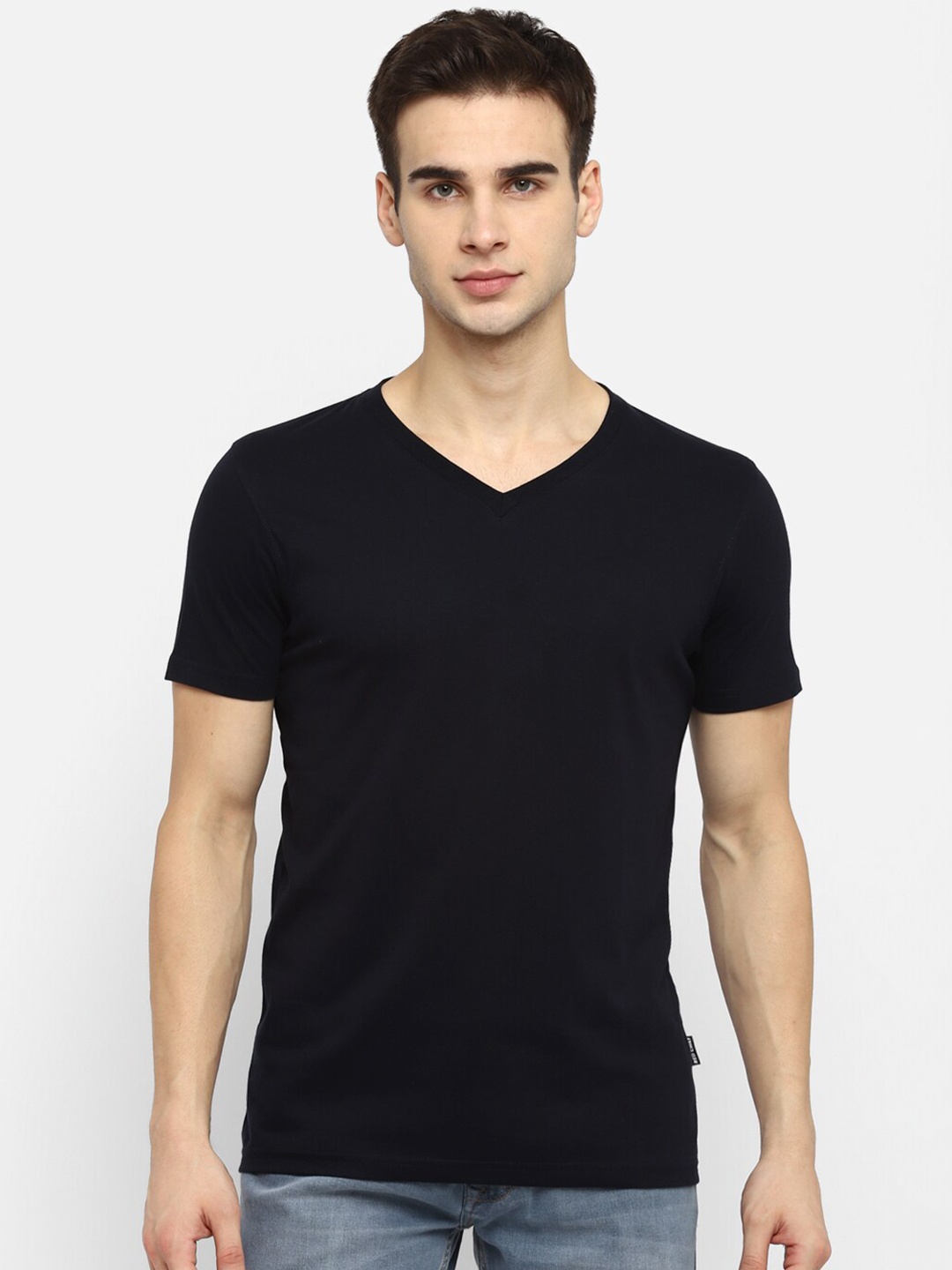 

Red Chief Men Navy Blue V-Neck Raw Edge T-shirt