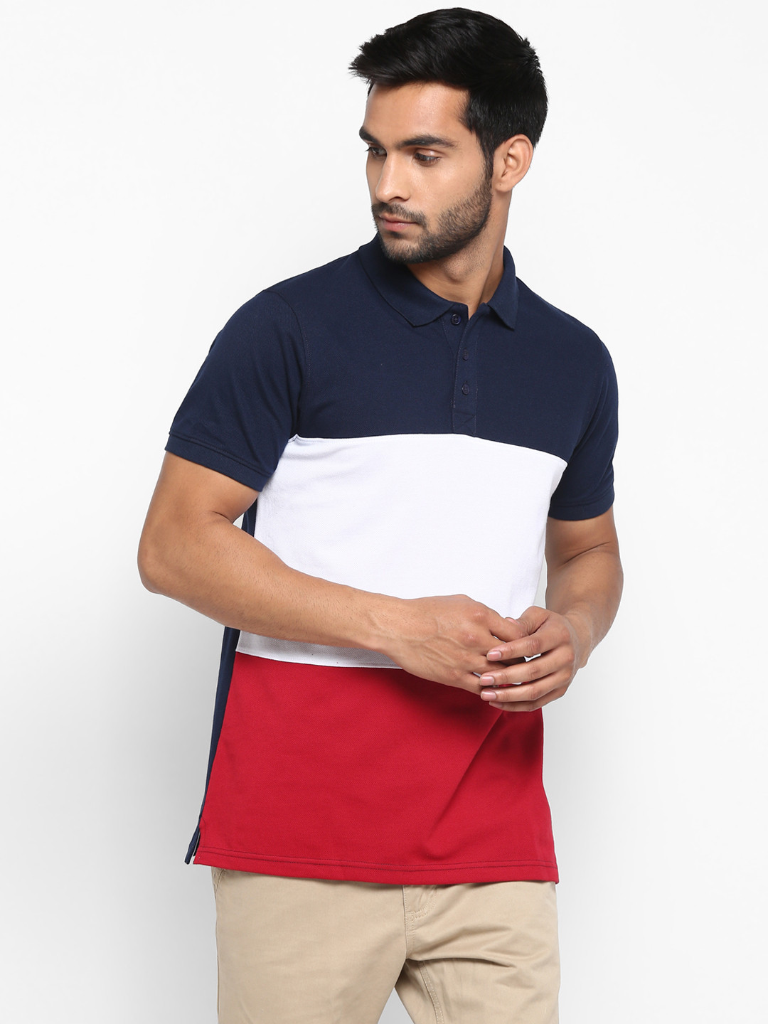 

Red Chief Men Navy Blue Colourblocked Polo Collar Pockets T-shirt
