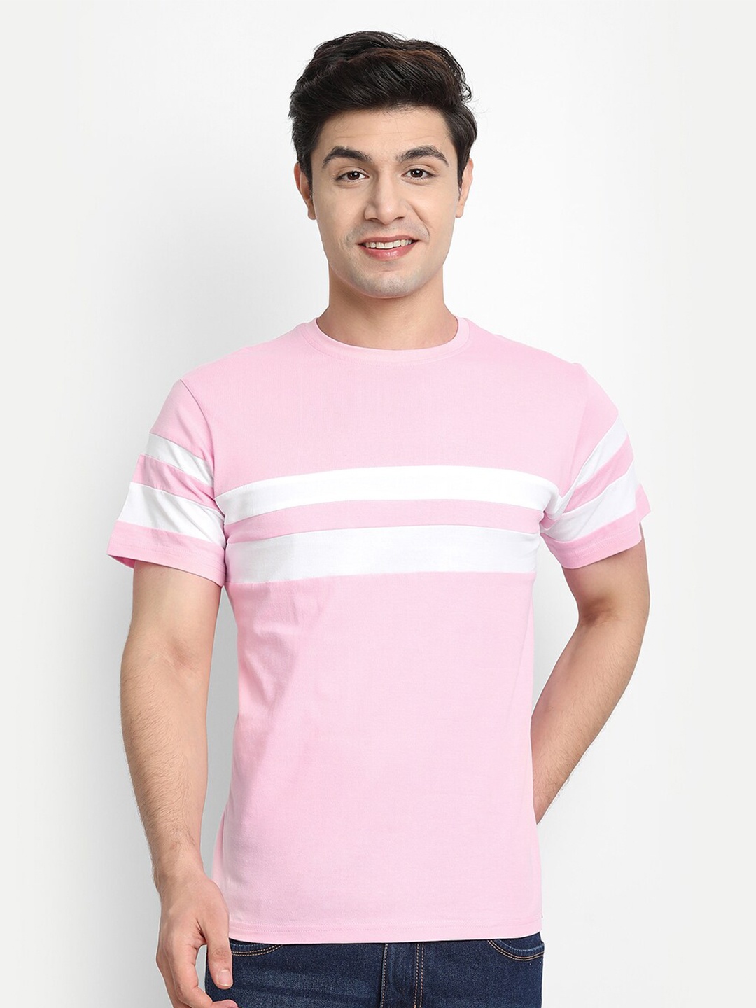 

BE AWARA Men Pink Striped T-shirt