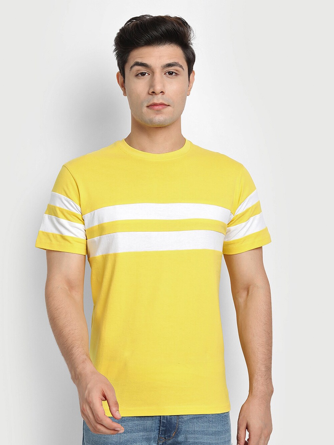 

BE AWARA Men Yellow Striped T-shirt