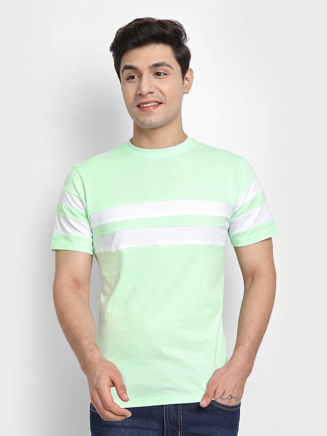 

BE AWARA Men Fluorescent Green Striped T-shirt