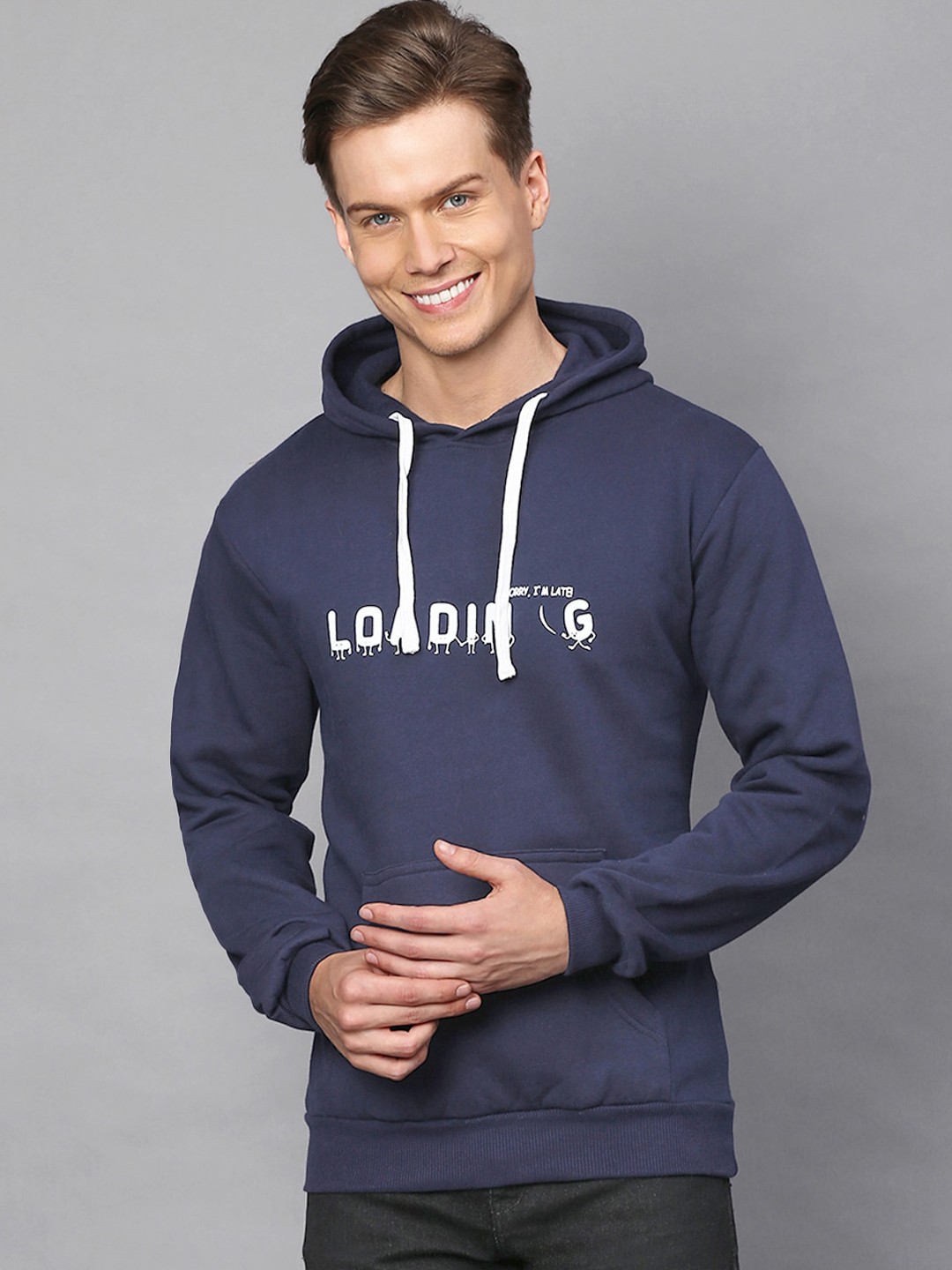 

Campus Sutra Men Navy Blue Printed Hooded Sweatshirt