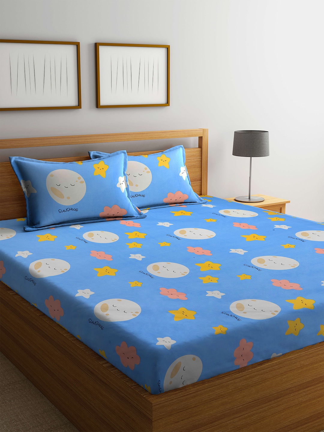 

Arrabi Blue & Yellow Cartoon Characters 300 TC King Bedsheet with 2 Pillow Covers