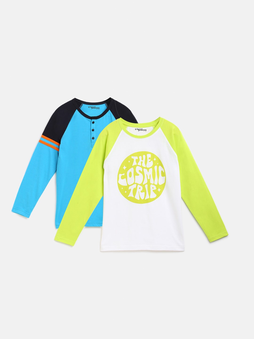 

Lil Tomatoes Boys Pack of 2 Colourblocked Printed Pure Cotton T-shirt, Fluorescent green