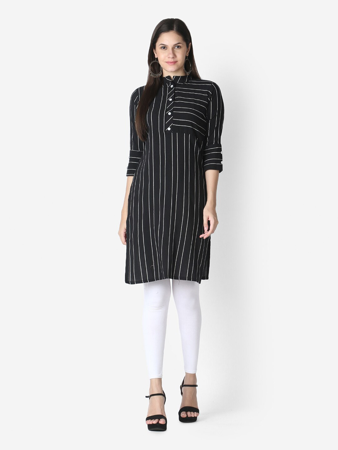 

OM SAI LATEST CREATION Black & White Striped Pure Cotton Kurti