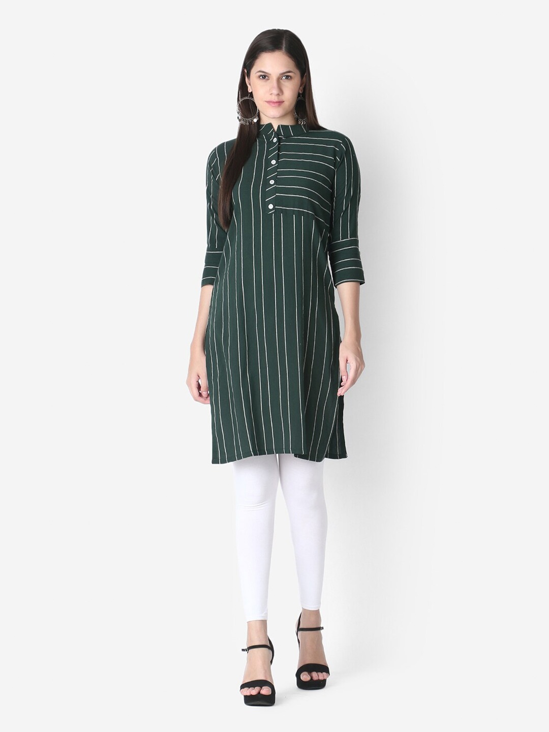 

OM SAI LATEST CREATION Olive Green & White Striped Pure Cotton Kurti