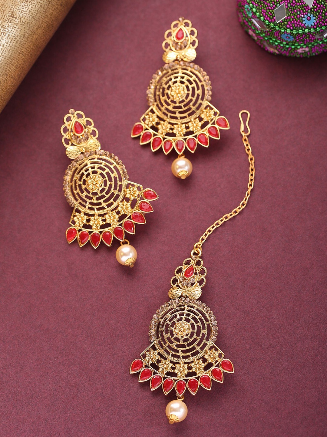 

Priyaasi Gold-Plated Red Stones Studded Maang Tika & Earrings Set