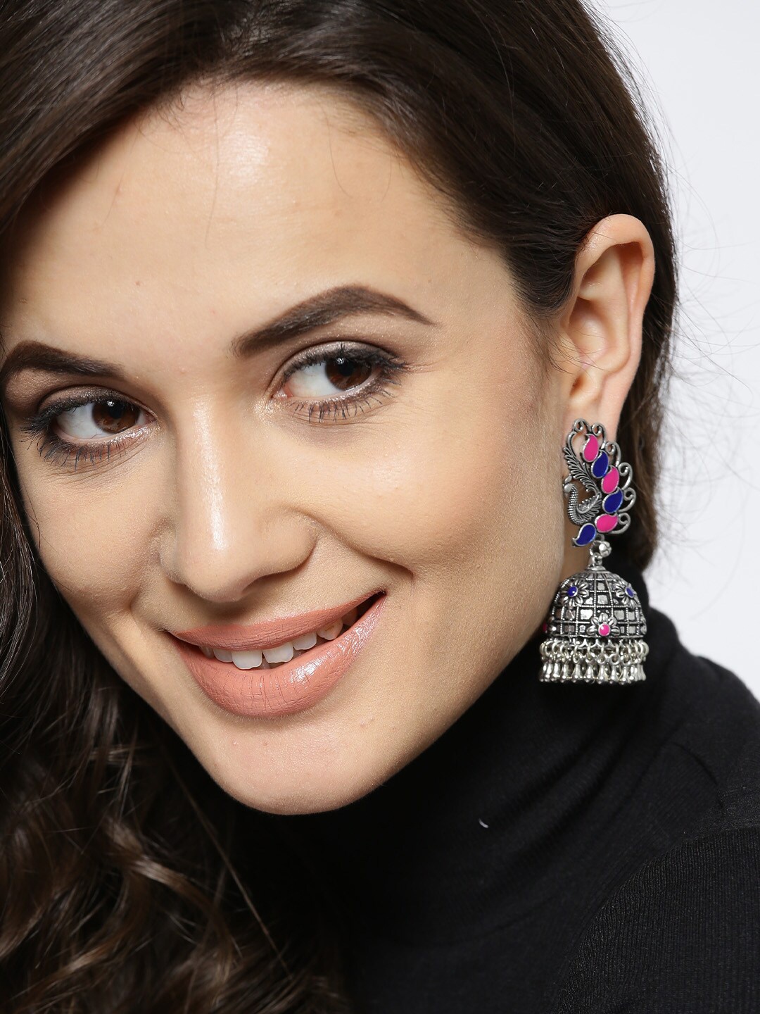

Priyaasi Women Pink & Blue Silver Toned Peacock Shaped Jhumkas Earrings