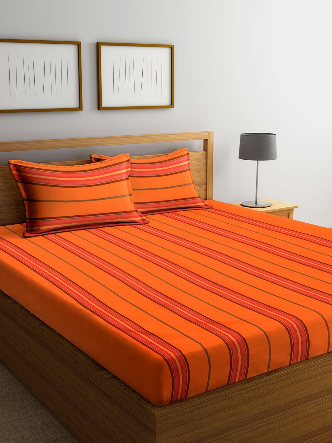 

Arrabi Orange & Red Striped 300 TC Cotton King Bedsheet With 2 Pillow Covers