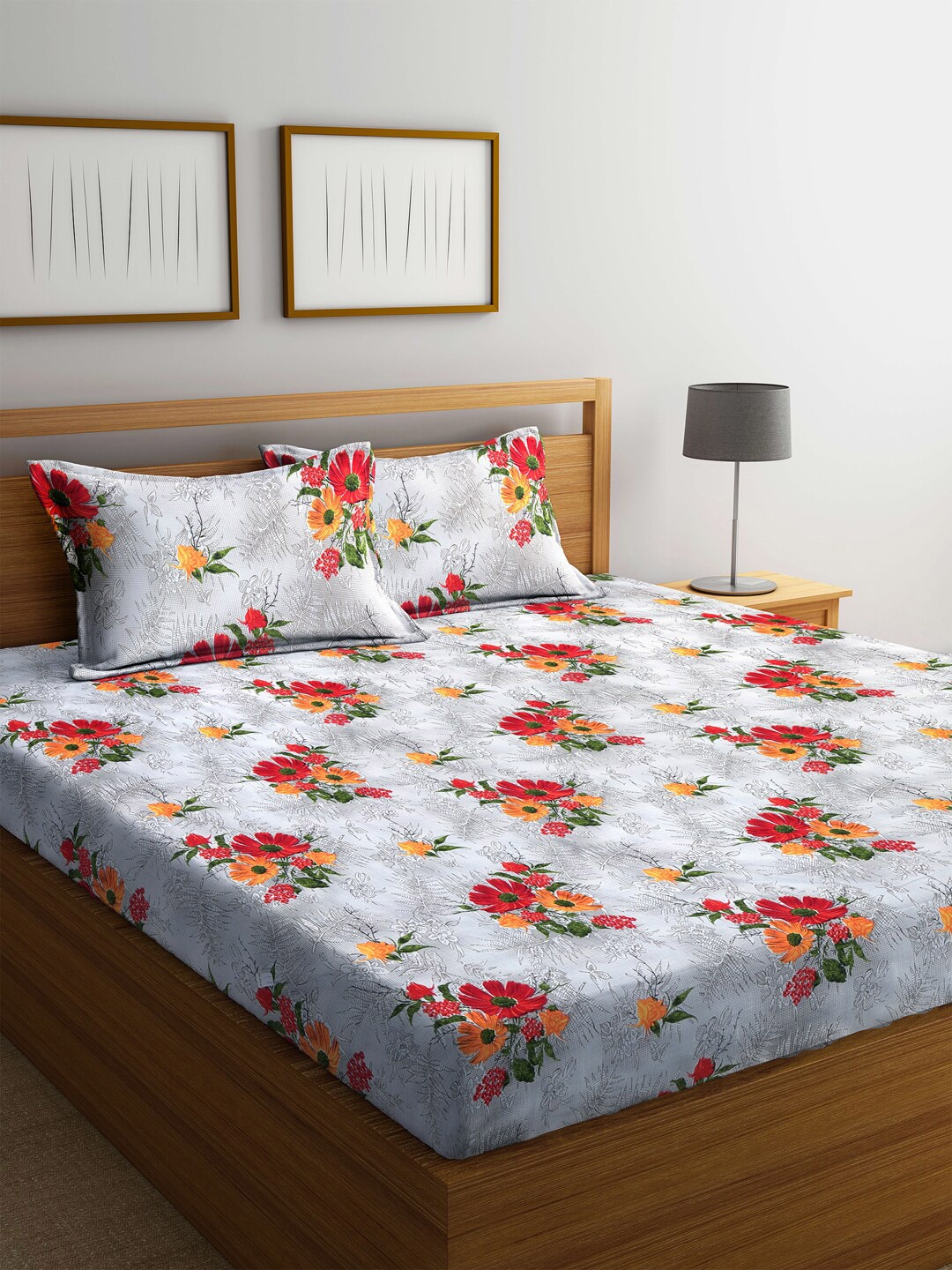 

Arrabi Grey & Red Floral 300 TC King Bedsheet With 2 Pillow Covers