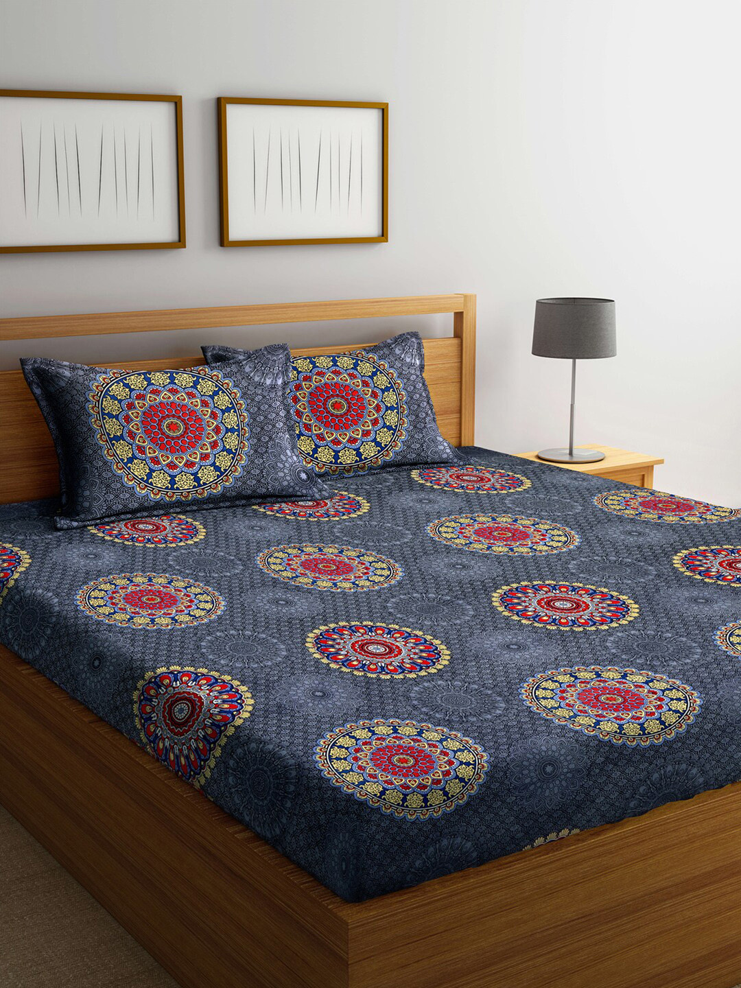 

Arrabi Grey & Yellow Ethnic Motifs 300 TC Double Size Bedsheet with 2 Pillow Covers