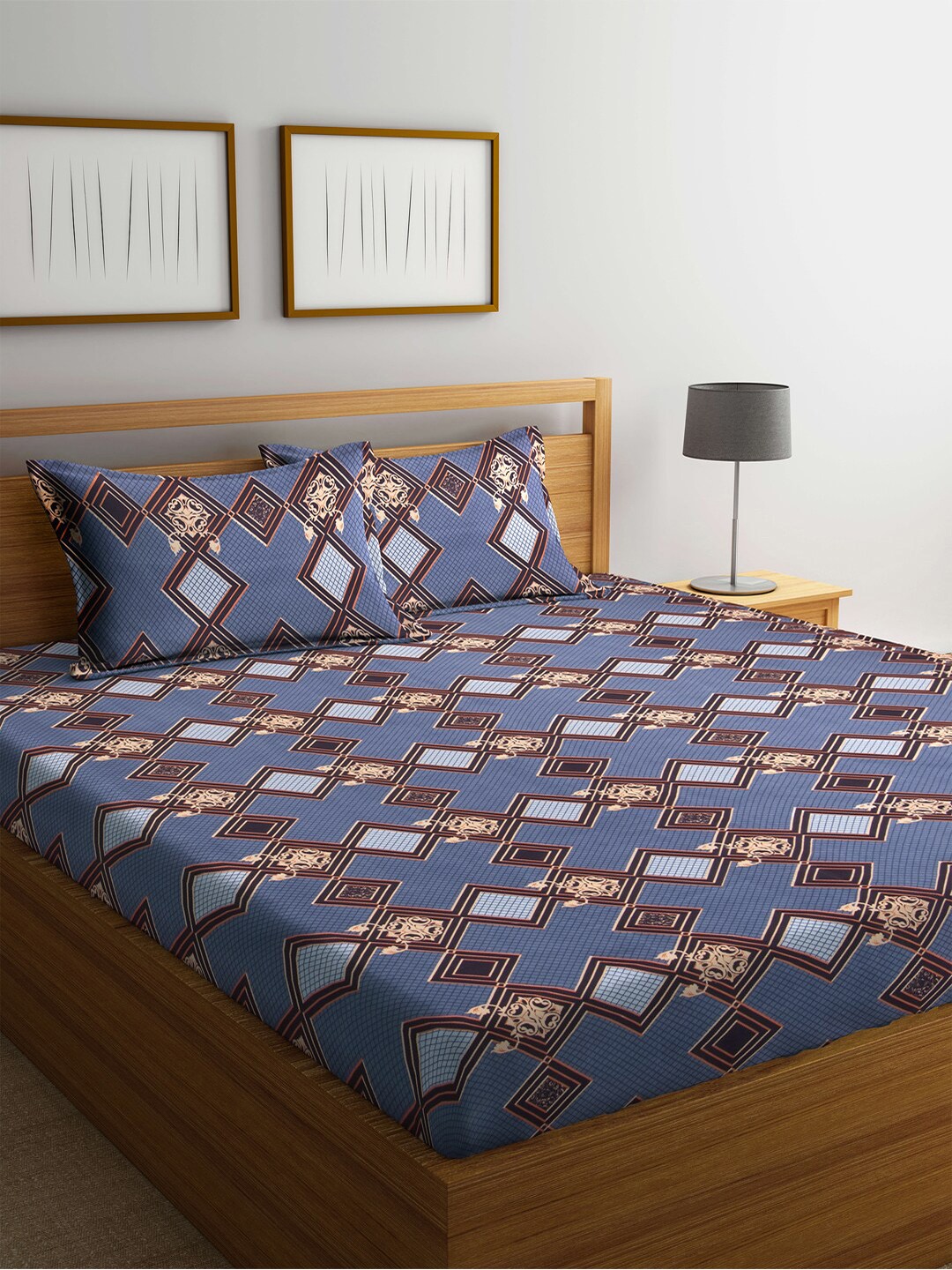 

Arrabi Blue & Brown Graphic 300 TC King Bedsheet with 2 Pillow Covers