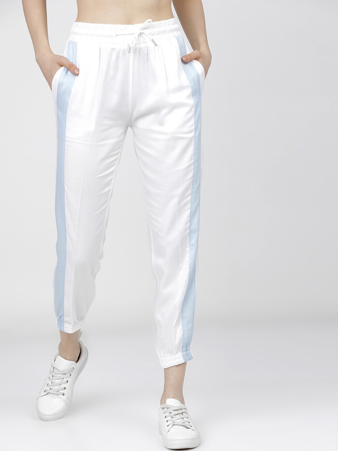 

Tokyo Talkies Women White & Blue Side Striped Joggers Trousers