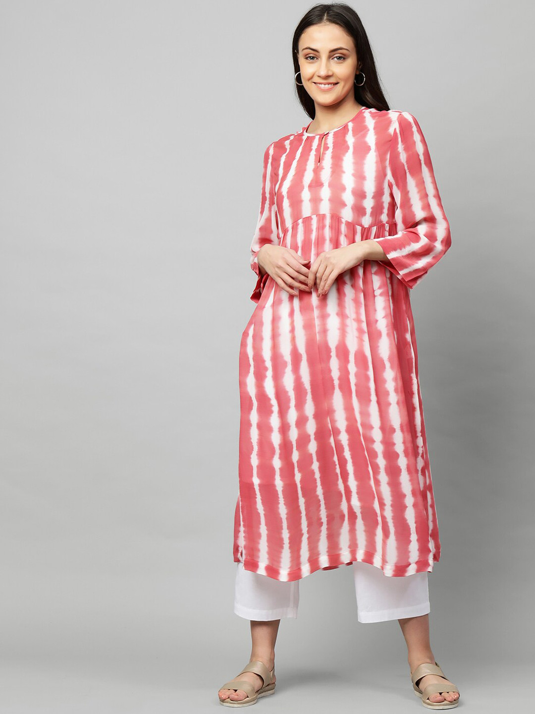 

Modern Indian by CHEMISTRY Women Pink & White Tie Dye Layered Kurta with Trousers
