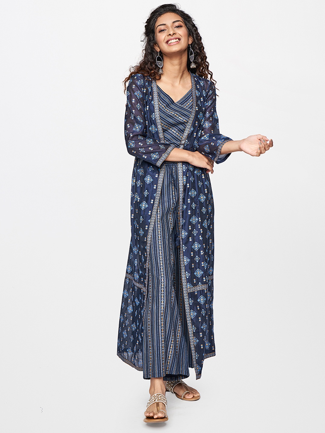 

Global Desi Women Blue & Beige Printed Top with Palazzos