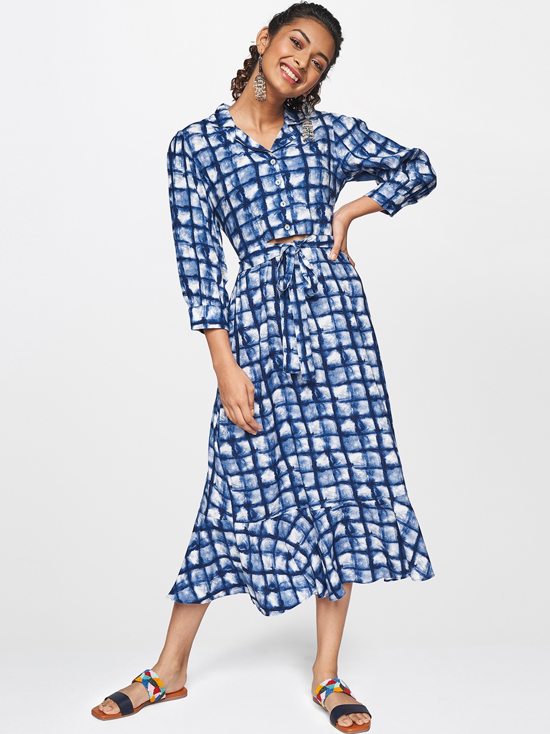 

Global Desi Women Blue & White Printed Shirt Collar Midi Dress With Cut Out Detail