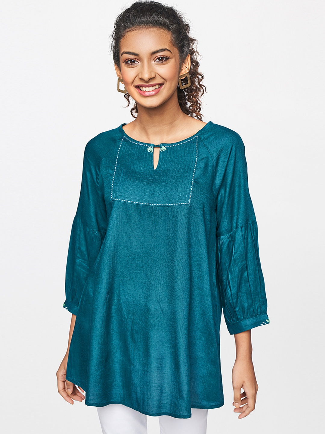 

Global Desi Teal Blue Keyhole Neck A-Line Top