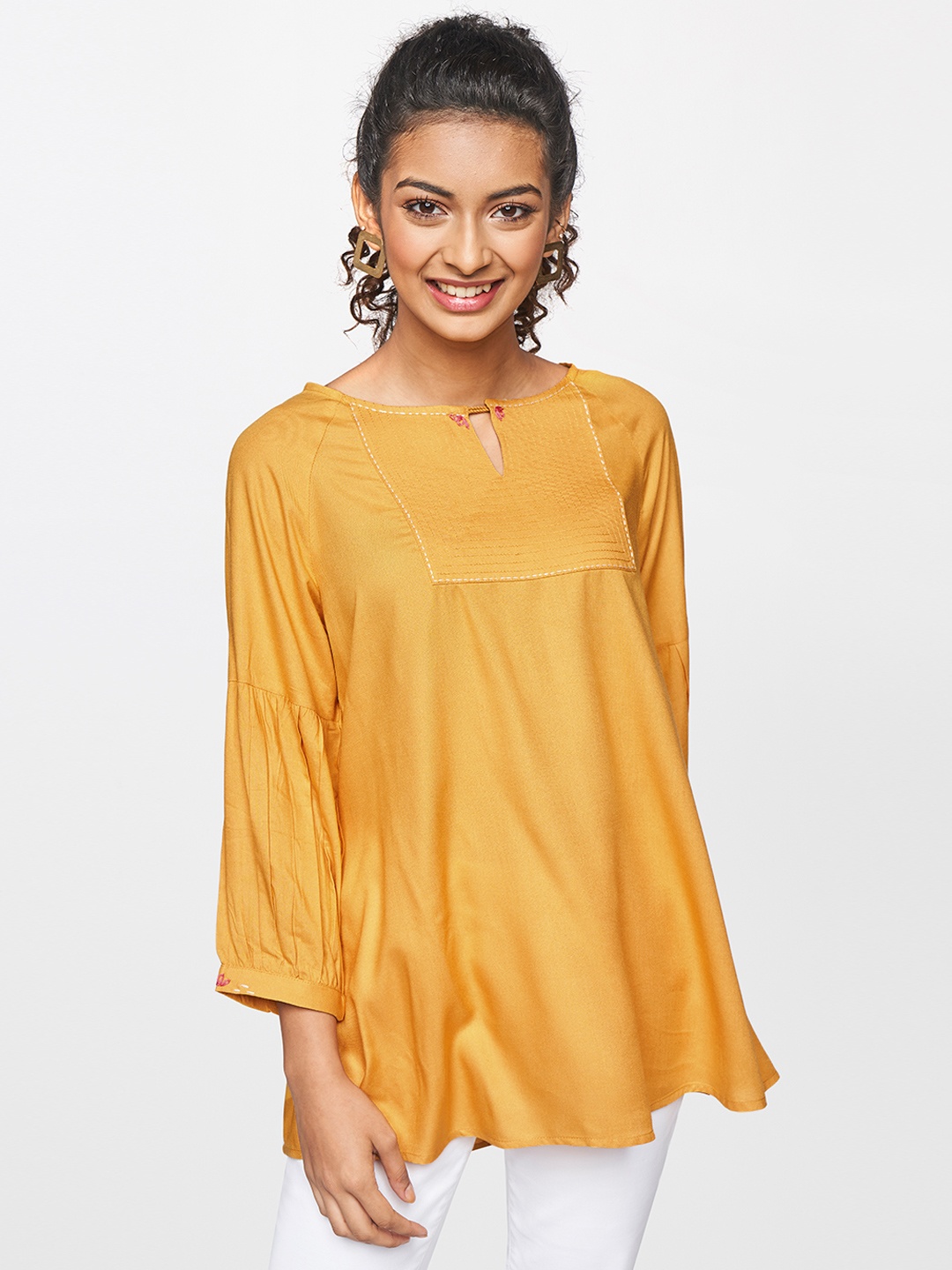 

Global Desi Women Mustard Yellow Solid Keyhole Neck A-Line Top