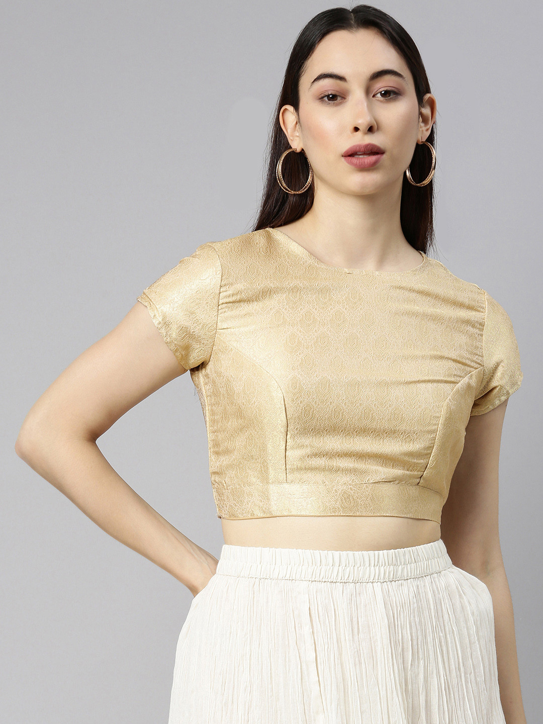 

Global Desi Gold-Toned Ethnic Motif Woven Design Regular Crop Top