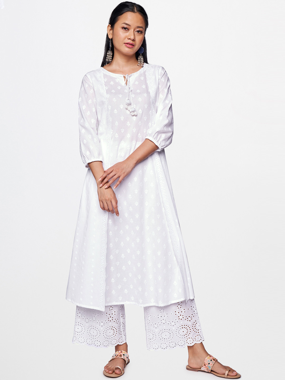

Global Desi Women White Ethnic Motifs Printed Pure Cotton Tie-Up Neck Kurta