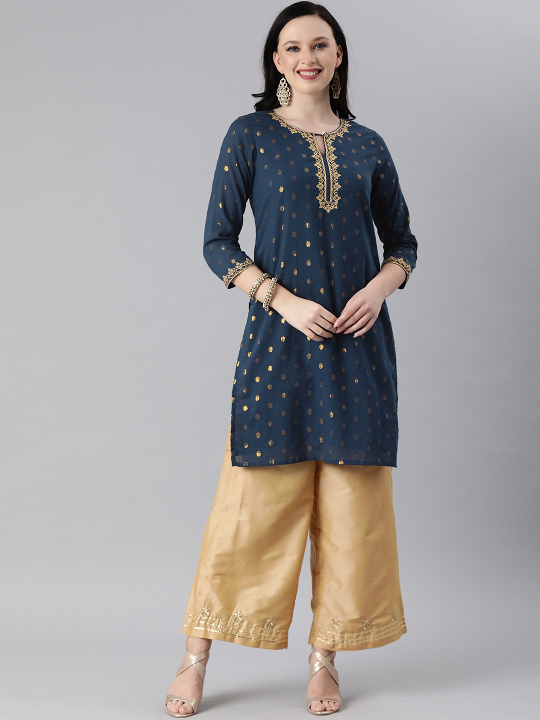 

Global Desi Women Navy Blue & Gold-Coloured Printed Keyhole Neck Straight Kurta