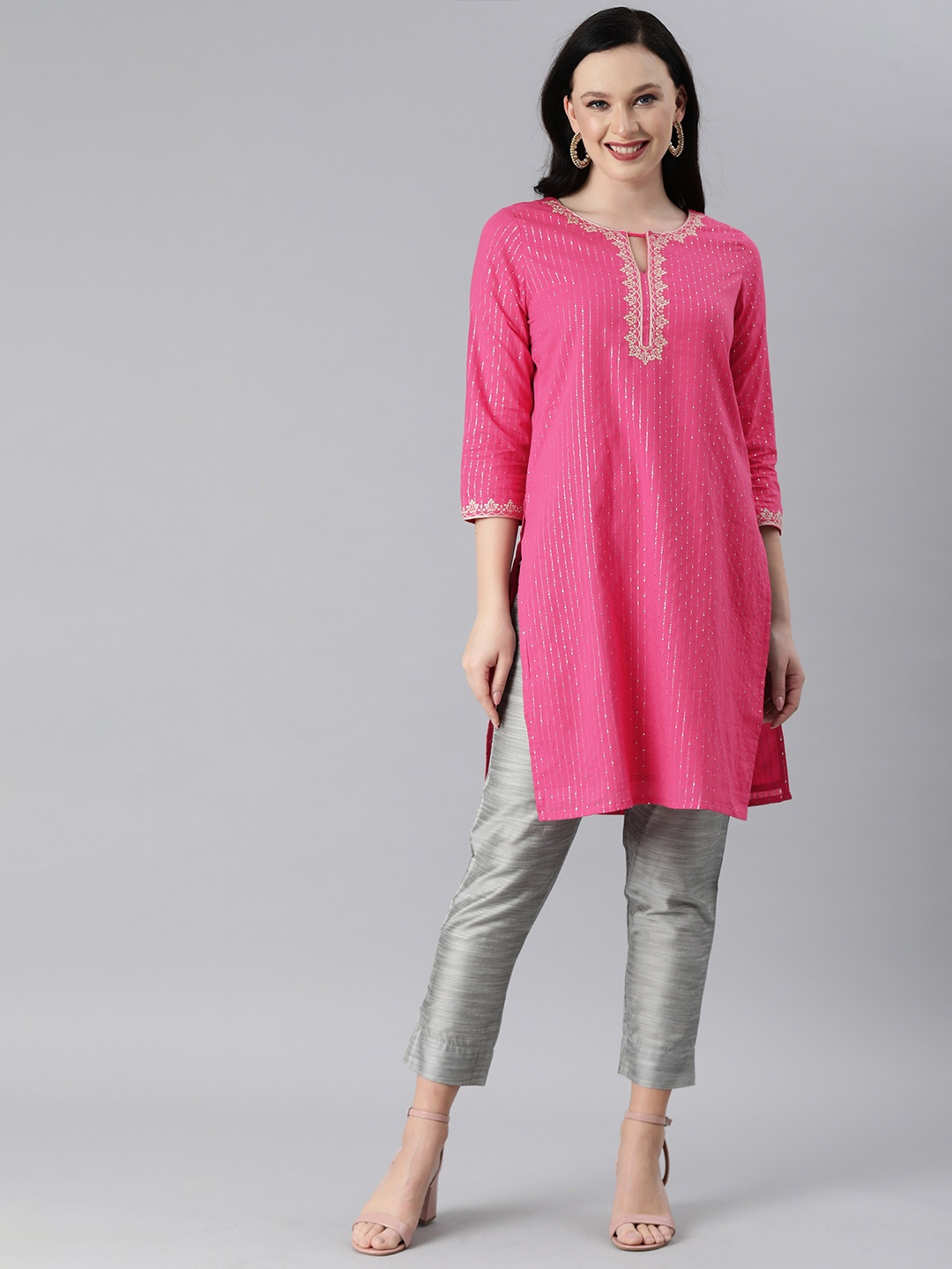 

Global Desi Women Pink Striped Keyhole Neck Straight Kurta