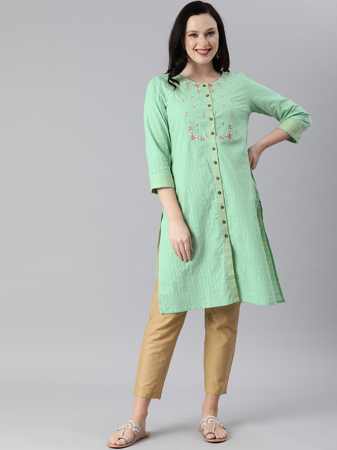 

Global Desi Women Green & Off-White Embroidered Straight Kurta