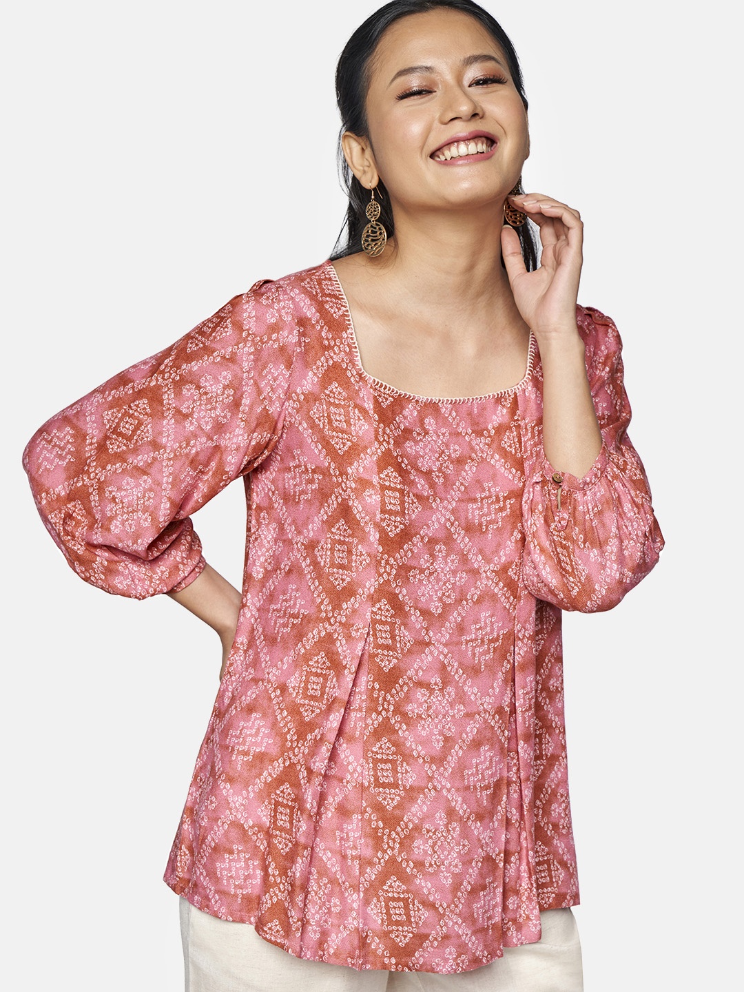 

Global Desi Pink & White Bandhani Printed A-Line Top
