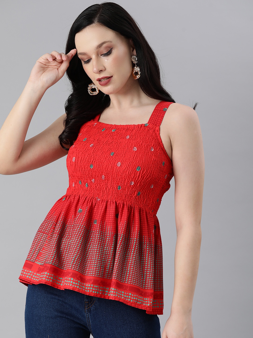 

Global Desi Red & Green Geometric Smocked A-Line Top