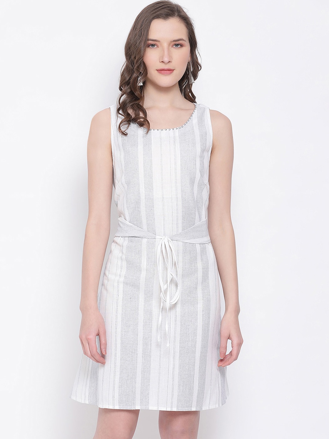 

LY2 Women White & Grey Striped A-Line Dress