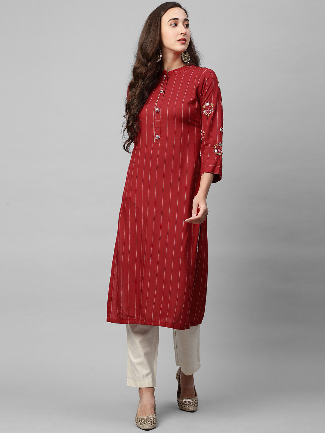 

FASHOR Women Red Printed Pleated Kurta with Trousers