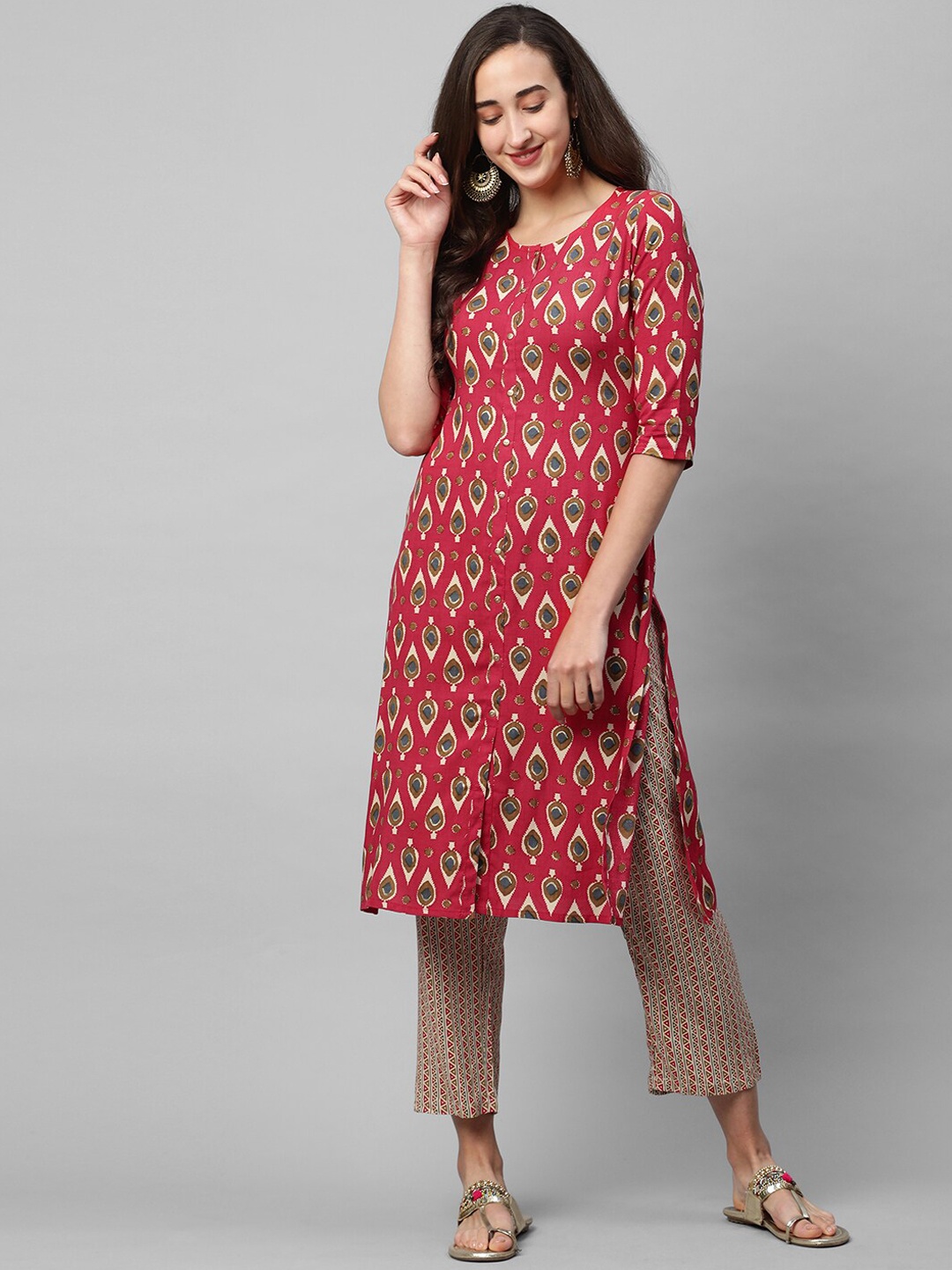 

FASHOR Women Red Printed Angrakha Kurta with Trousers
