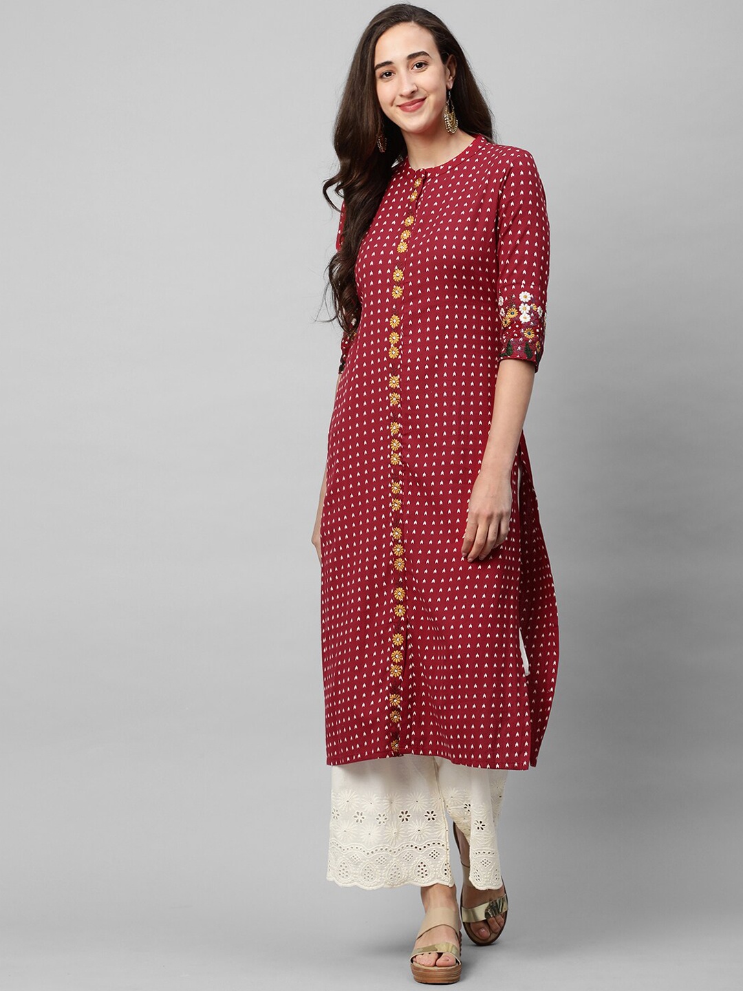 

FASHOR Women Maroon Ethnic Motifs Printed Panelled Pure Cotton Kurta with Palazzos