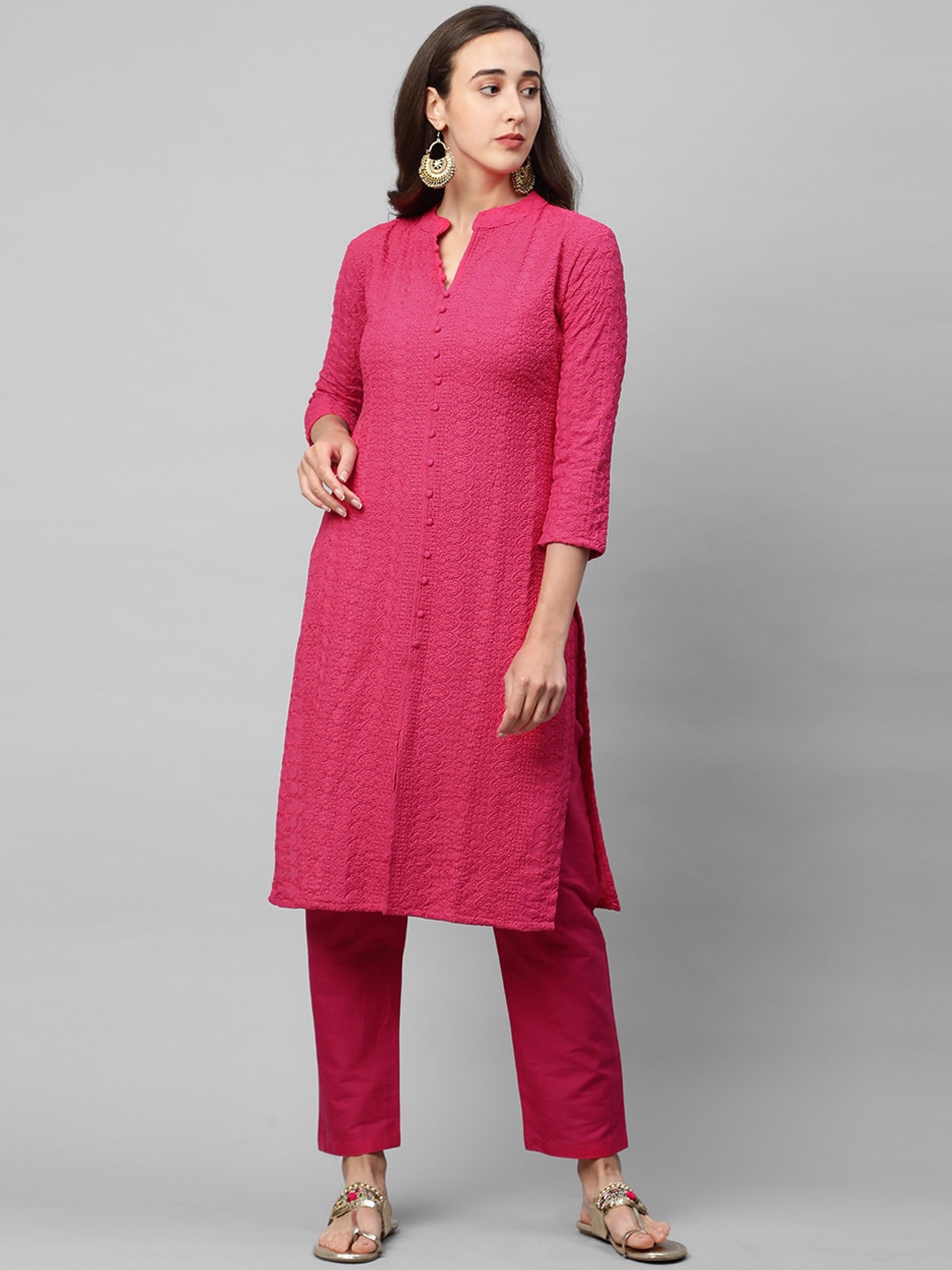 

FASHOR Women Pink Panelled Kurti with Trousers