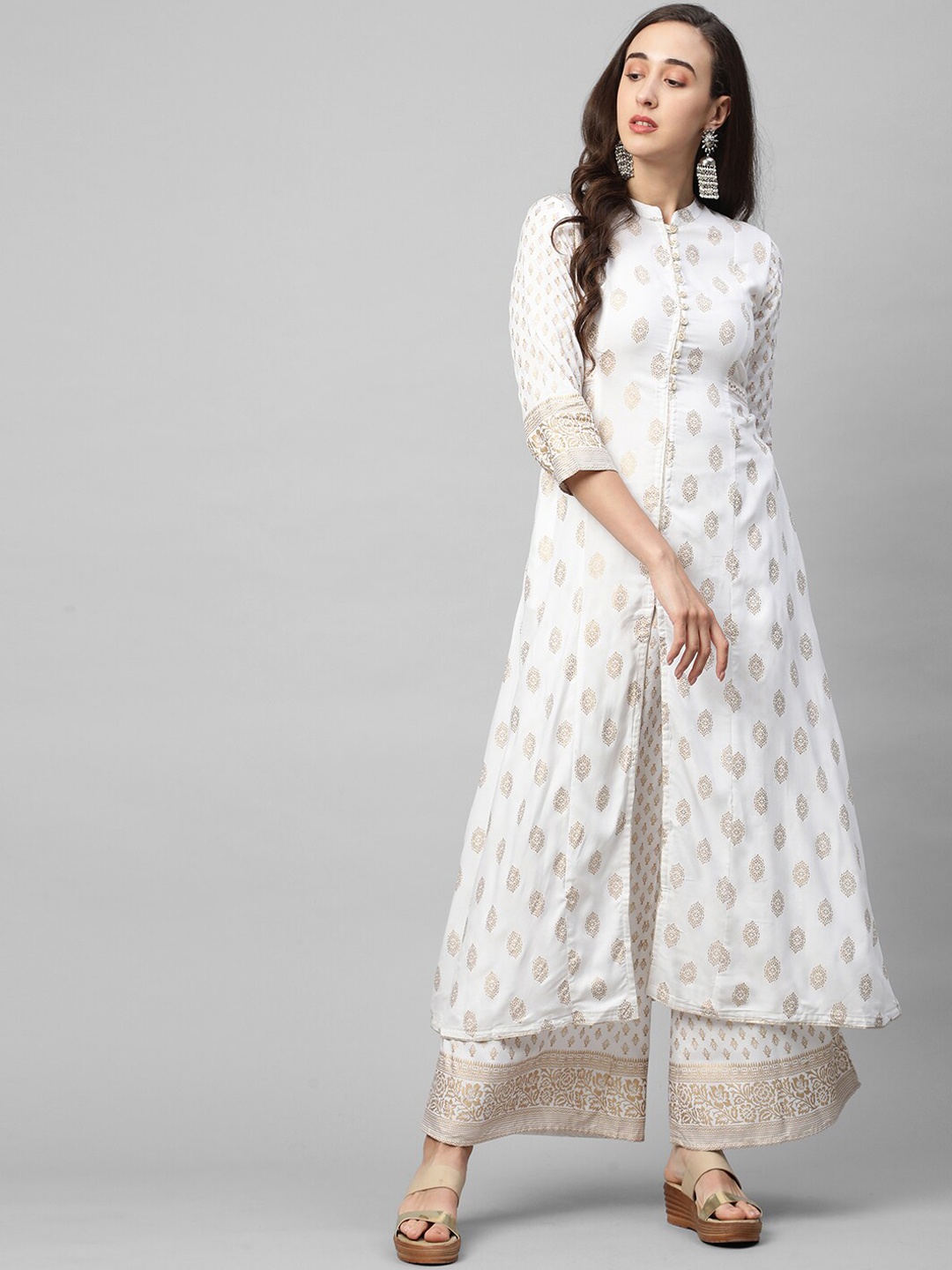 

FASHOR Women White Ethnic Motifs Printed Pleated Kurta with Skirt