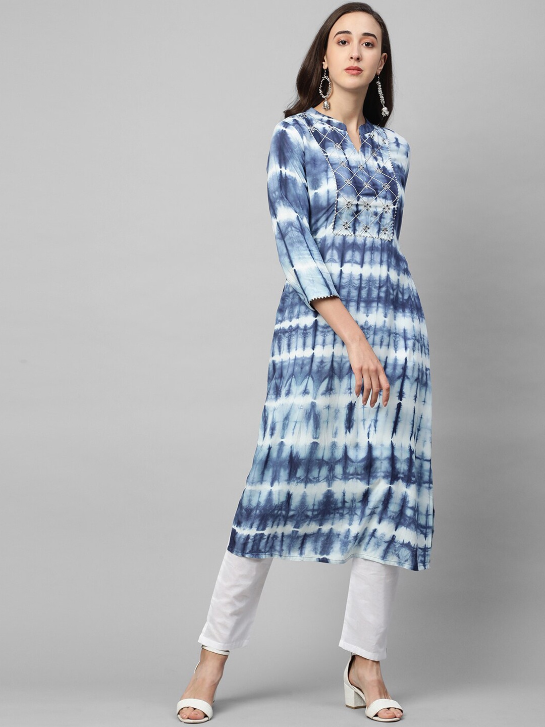 

FASHOR Women Blue Printed Panelled Kurti with Trousers