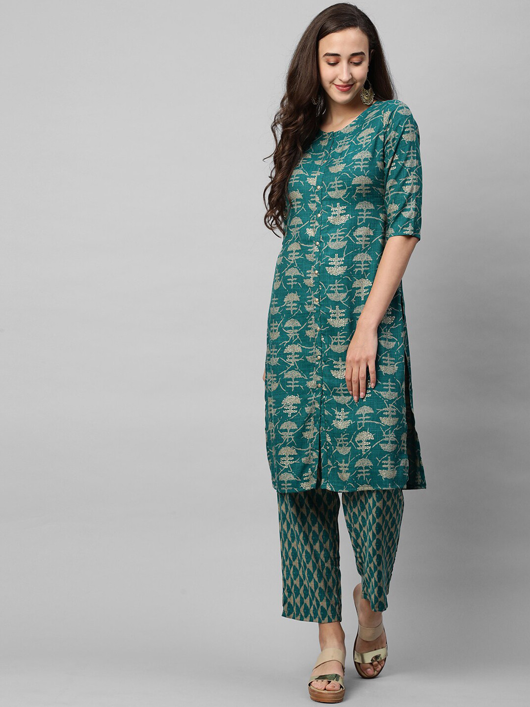 

FASHOR Women Green Printed Panelled Kurta with Trousers