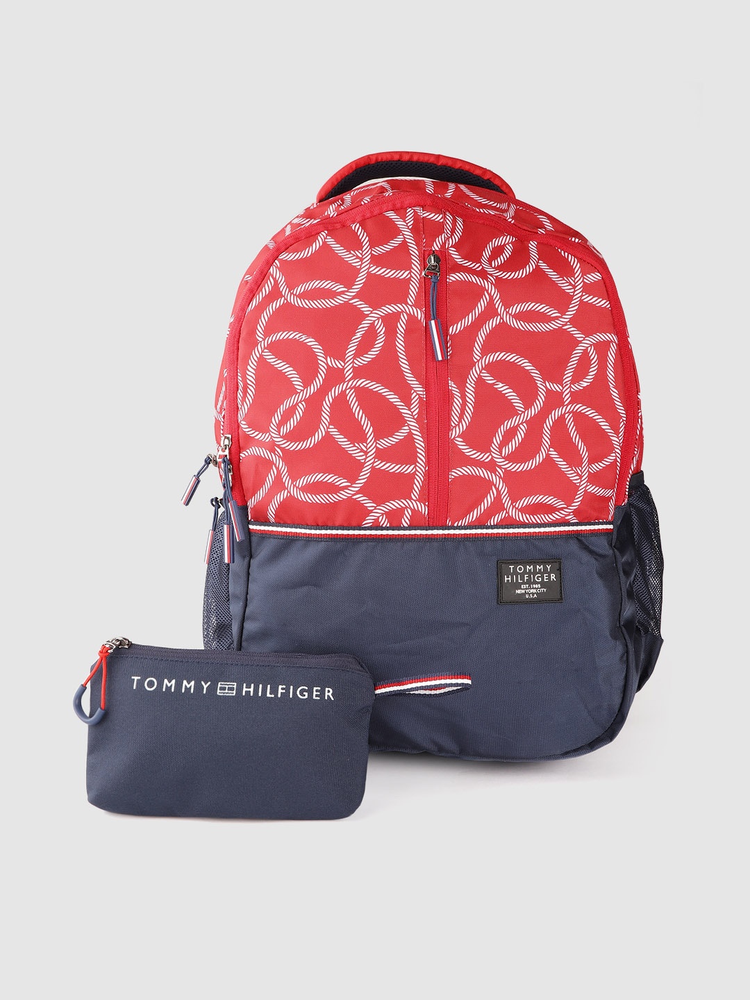 

Tommy Hilfiger Unisex Red & White Abstract Print Backpack with Rain Cover & Pouch 44L