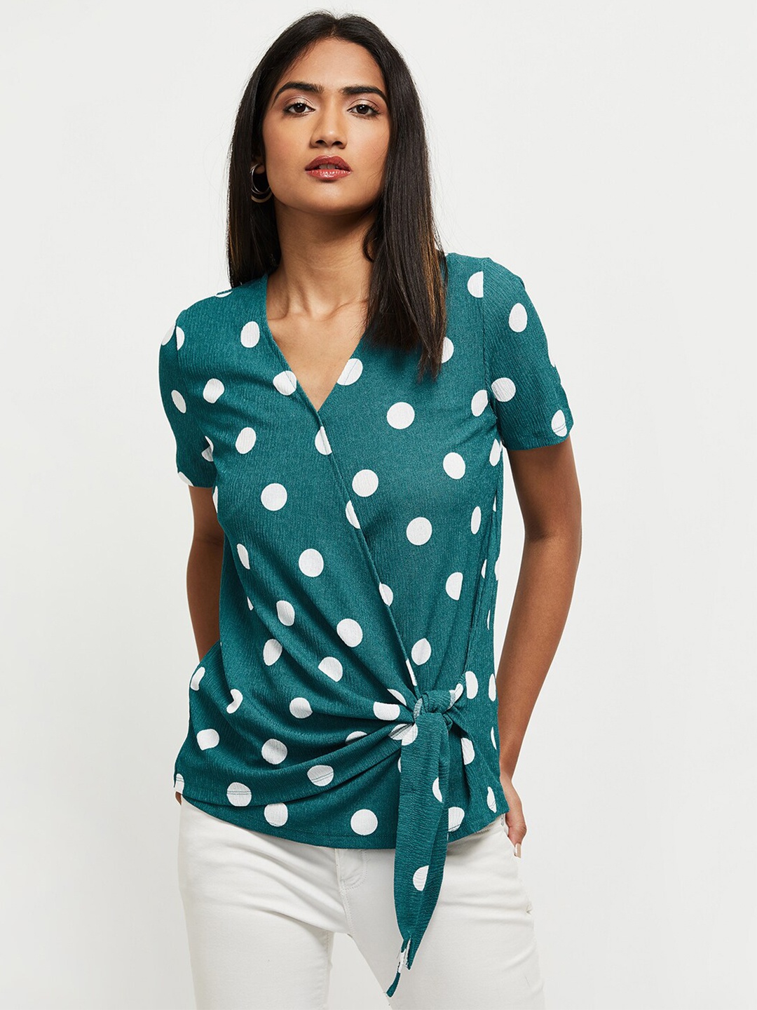 

max Teal Blue & White Polka Dot Printed Wrap Top