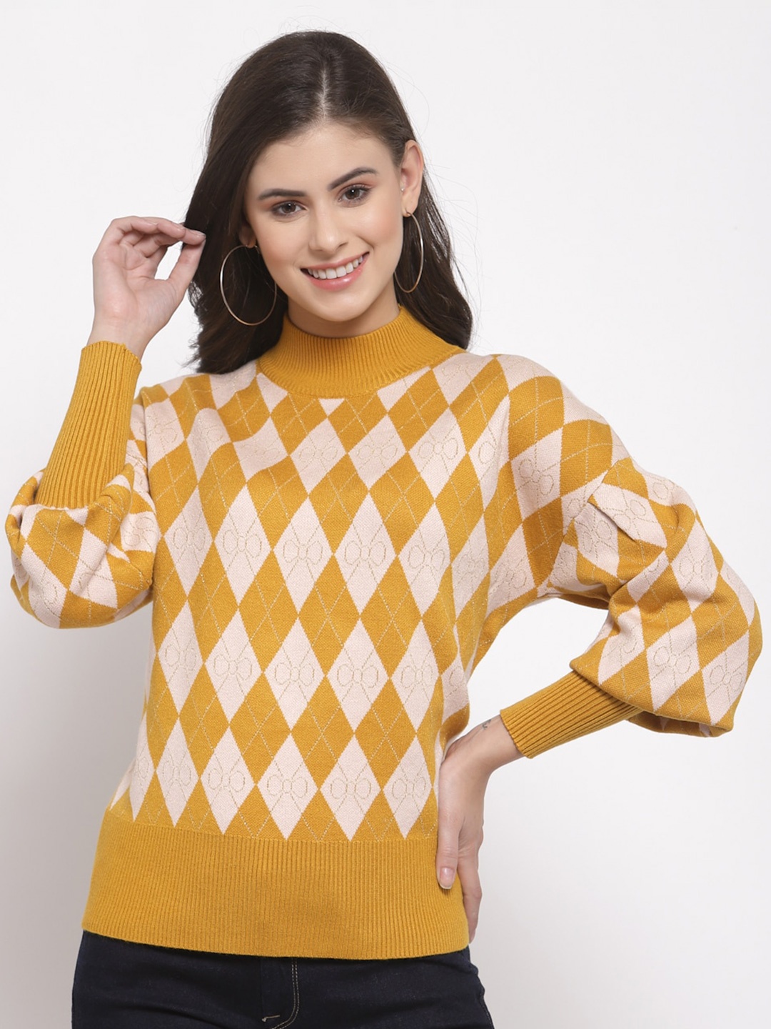 

Mafadeny Women Yellow Checked Turtle Neck Sweater