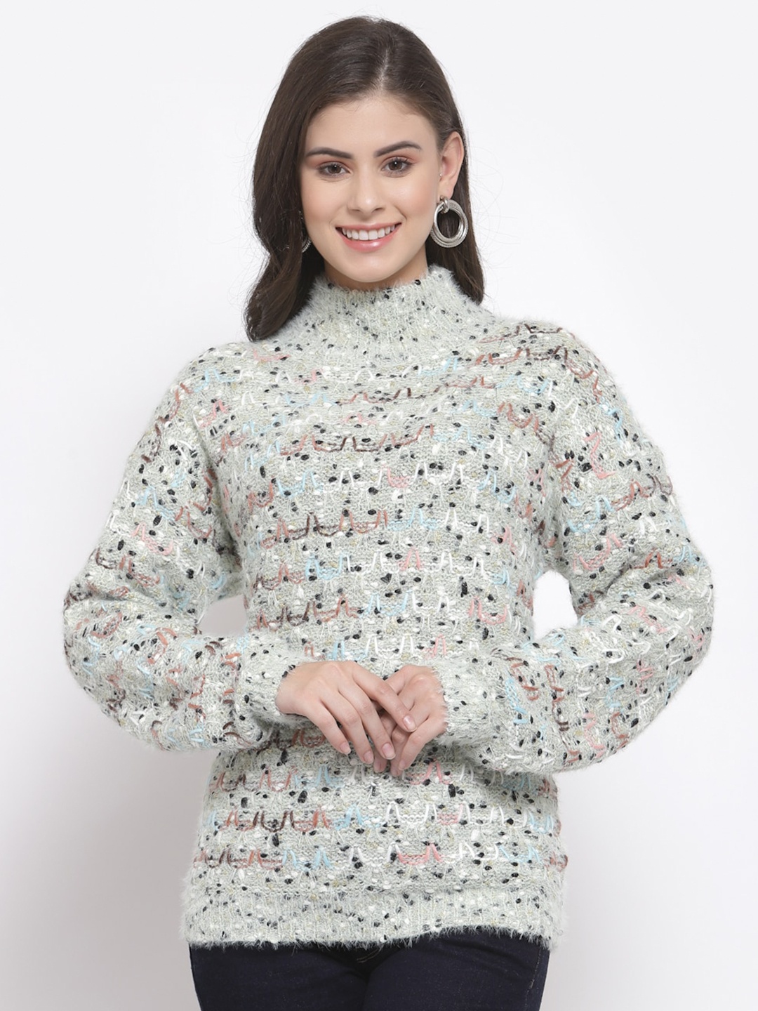 

Mafadeny Women Grey & White Quirky Pullover