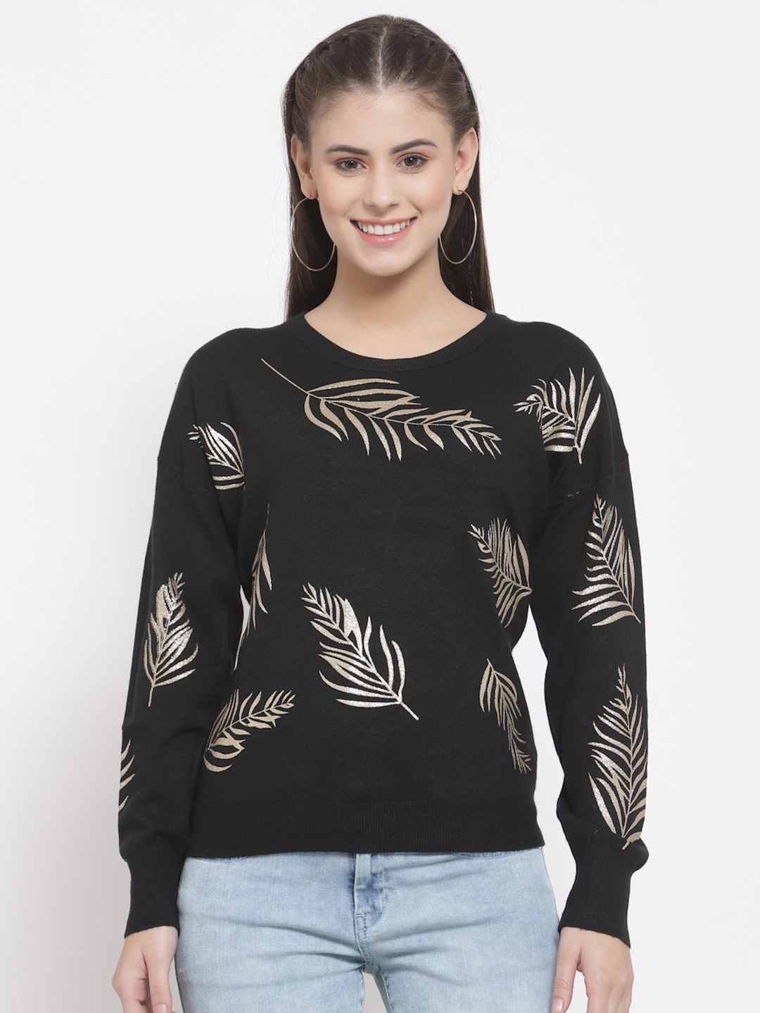 

Mafadeny Women Black & Gold Printed Casual Pullover