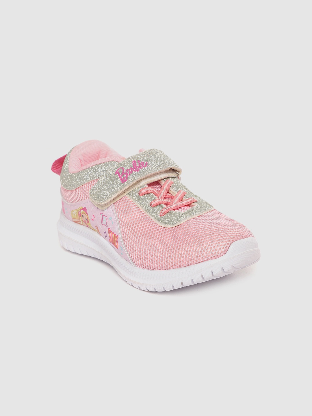 

toothless Girls Pink & Silver-Toned Woven Design Barbie Print Running Shoes