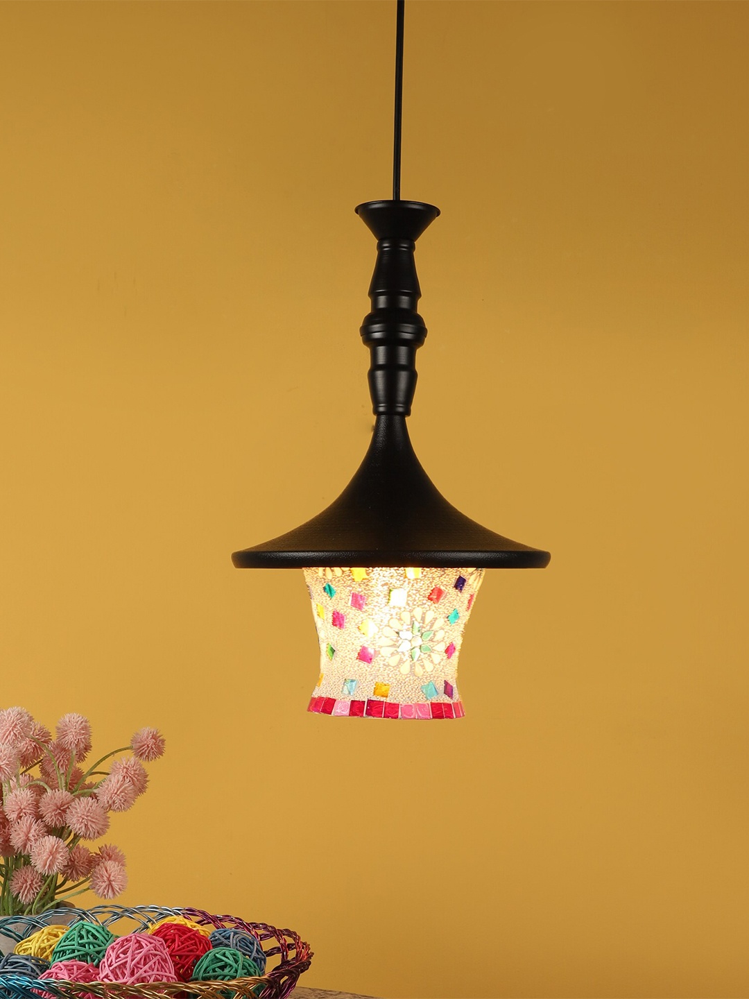 

MFD HOME FURNISHING Black & Pink Aluminium Traditional Hanging Lamp