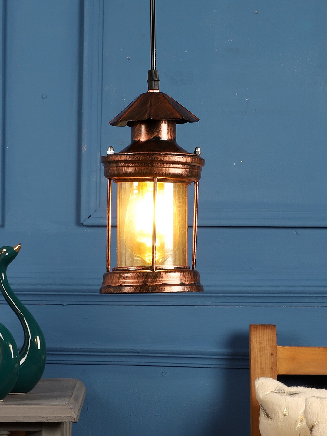 

MFD HOME FURNISHING Copper-Toned Glass Quirky Lantern