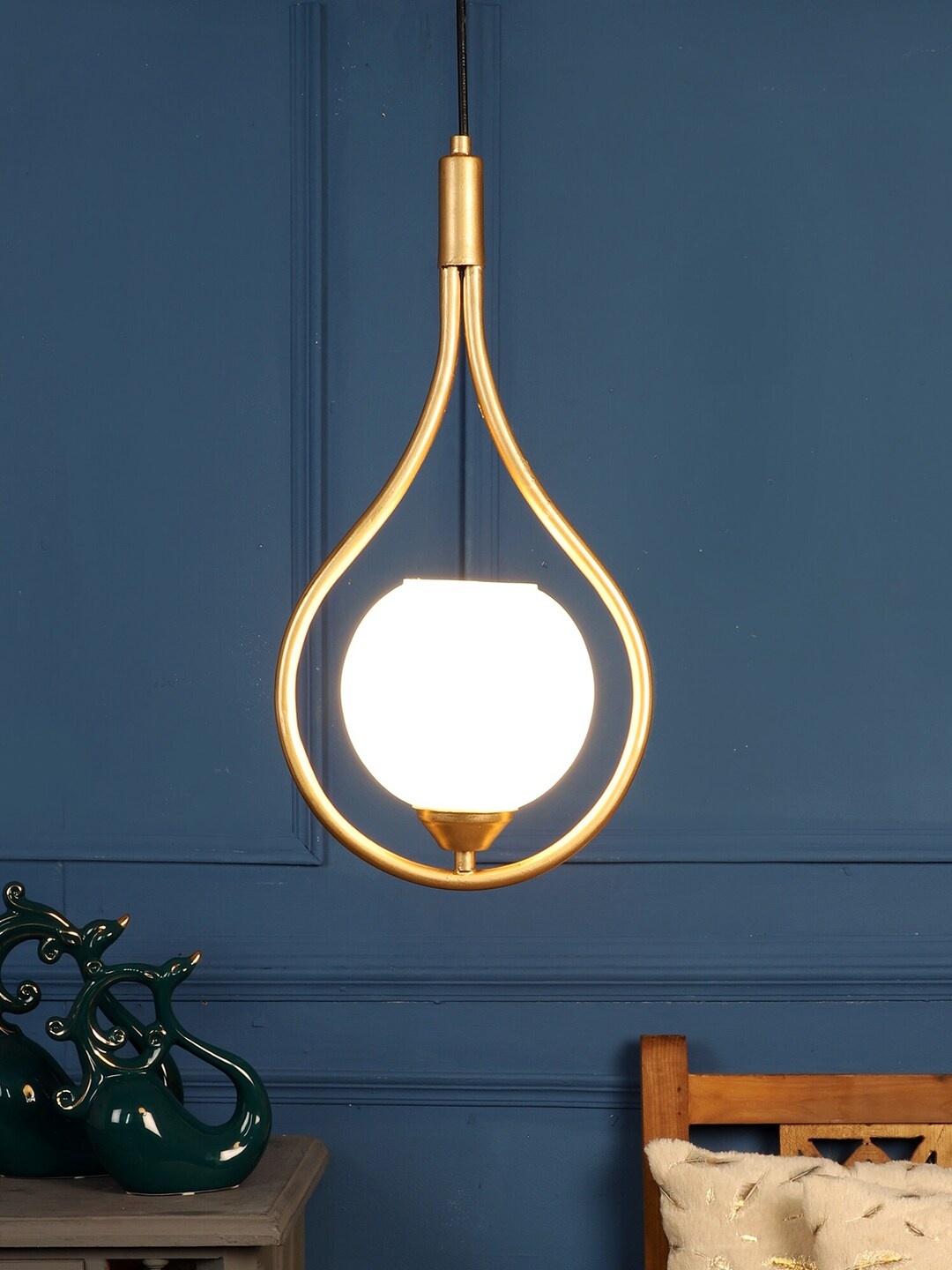 

MFD HOME FURNISHING Gold-Toned & White Iron Traditional Hanging Lamp